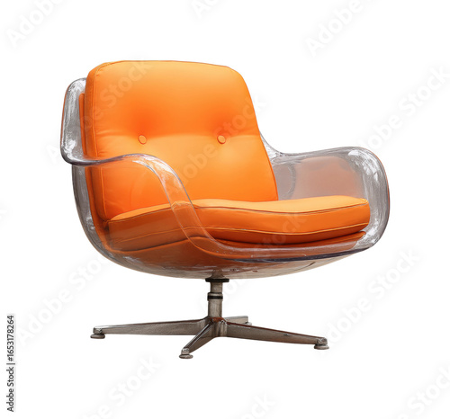 Retro orange chair with clear frame and swivel metal base for modern interior design isolated on transparent background, png
