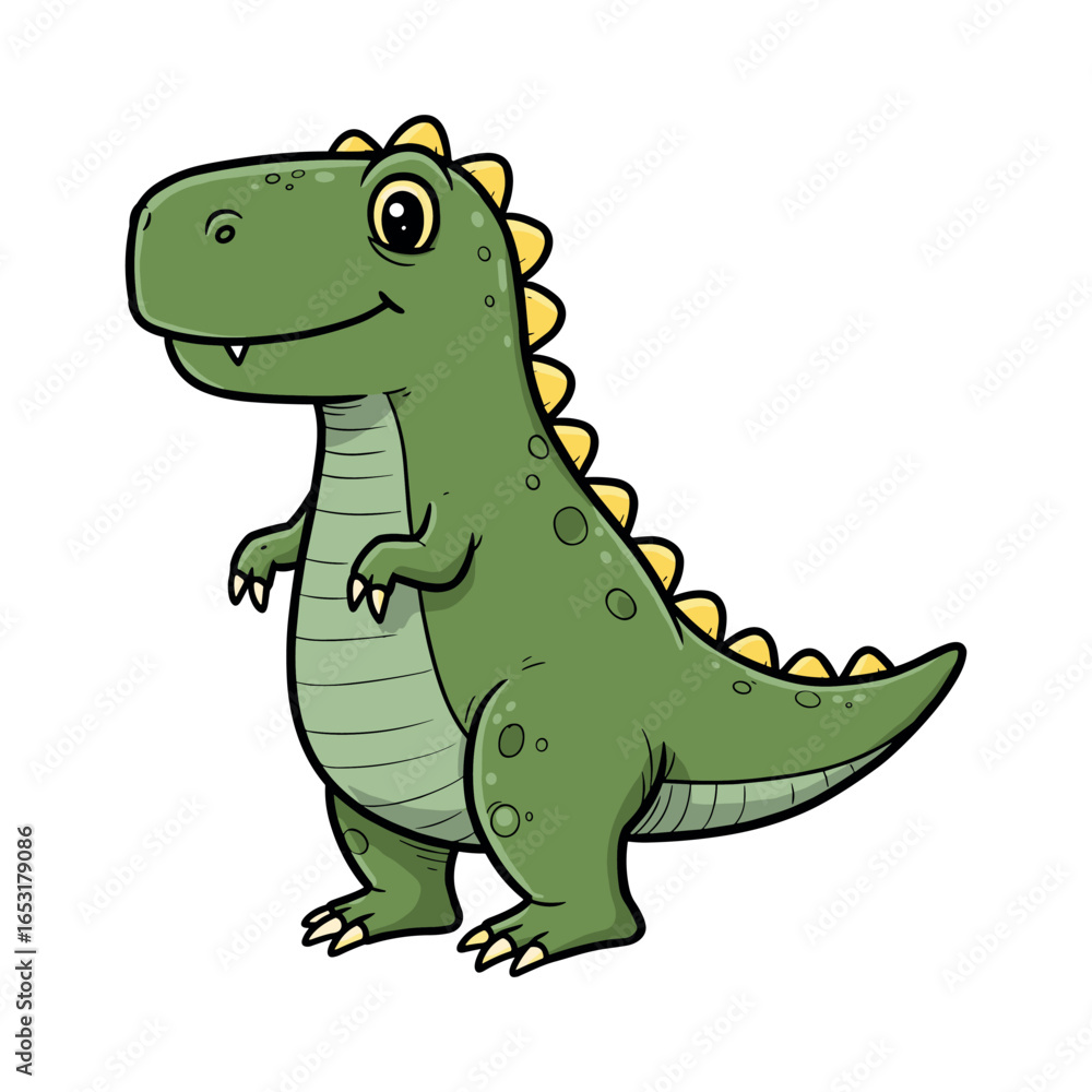 Fototapeta premium Cute green cartoon dinosaur with yellow spikes on white background. Vector illustration