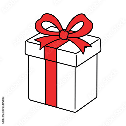 Festive gift box with red ribbon and bow on white background. Vector illustration