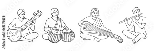 Indian Musicians Playing Traditional Instruments Vector Art, Sitar, Tabla, Flute, Veena, Cultural Heritage