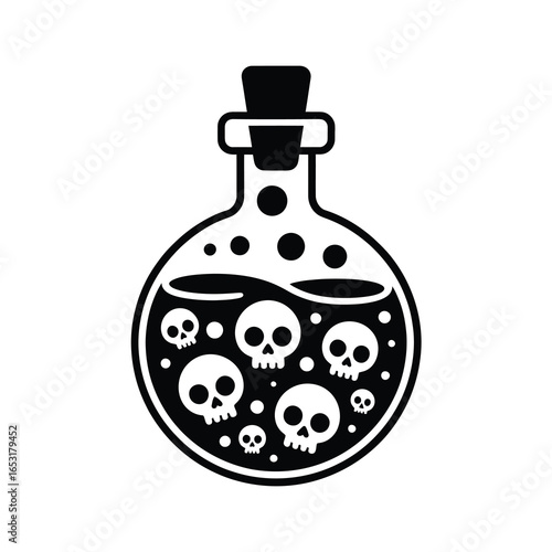 Poisonous potion bottle with skulls silhouette isolated on white background