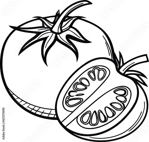Fresh ripe tomato and half sliced showing juicy seeds and vibrant flesh perfect for healthy cooking