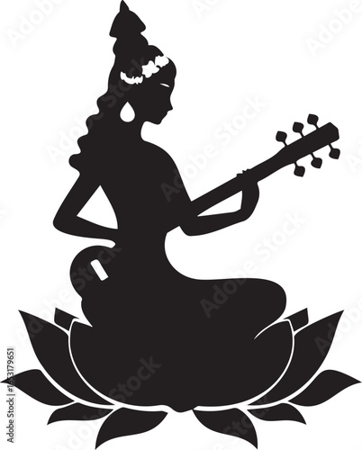 Divine Melody: An elegant, monochrome depiction of a revered deity, gracefully seated upon a lotus, and playing a stringed instrument, embodying artistic brilliance and serenity.