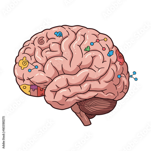 Cartoon brain with colorful puzzle pieces and patterns on white background. Vector illustration