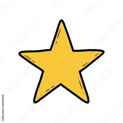Yellow cartoon star icon with black outline on white background. Vector illustration