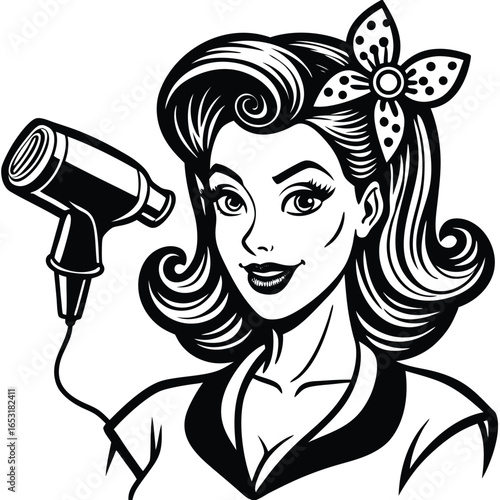 Retro hairdresser woman with electric hair dryer, smiling pinup stylist in monochrome cartoon engraving style, beauty salon vector illustration