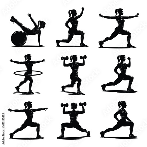 Fitness Silhouette Collection of Women Exercising with Dumbbells Exercise Ball and Hula Hoop in Various Yoga Poses