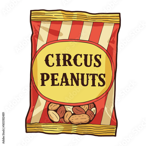 Circus peanuts packaging with colorful peanuts in red and yellow striped wrapper. Vector illustration