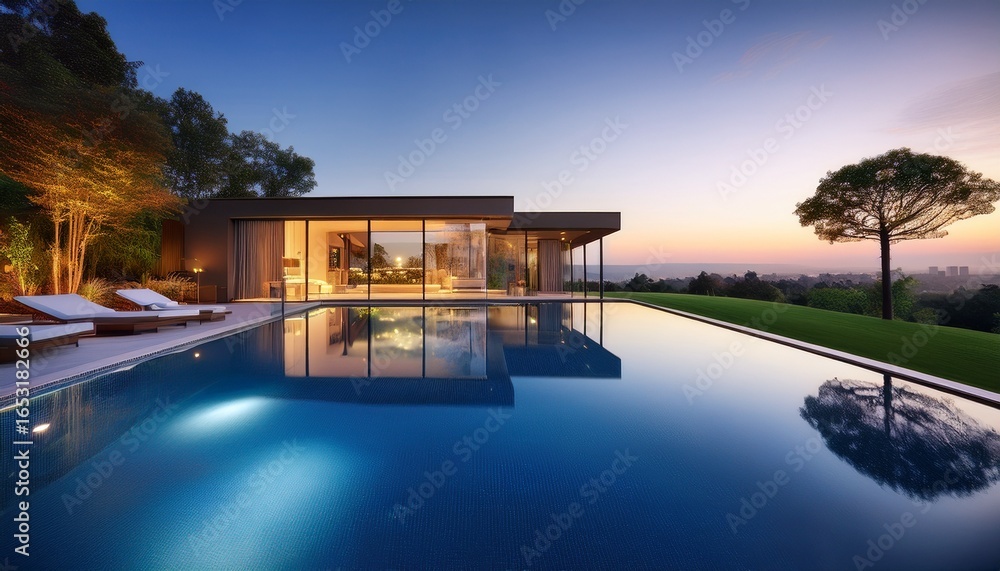 Fototapeta premium modern house pool twilight trees luxury home design