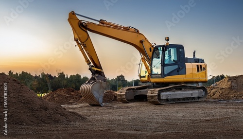 heavy machinery including a backhoe and an excavator stands isolated available for rent for various construction activities and projects