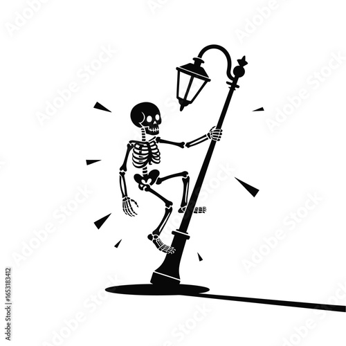 Skeleton climbing a vintage lamppost silhouette isolated on white background