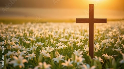 Easter cross with blooming lilies sunrise light religious faith celebration holiday 4k video motion animation background
