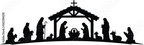 Nativity scene silhouette with all holy characters, a classic religious depiction of the birth of Jesus Christ, suitable for holiday-themed projects, greeting cards, and digital illustrations.