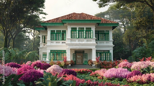 A traditional Singaporean bungalow with white walls and green shutters, surrounded by lush greenery and vibrant flowers, set against a backdrop of a cloudy sky.