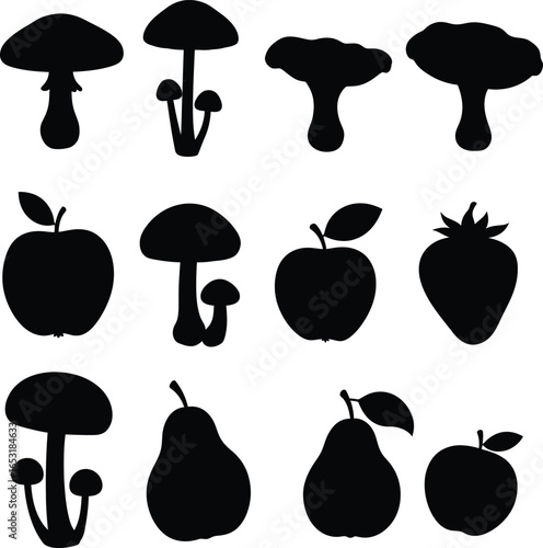 Vector illustration of an assorted collection of black and white silhouettes, including various mushrooms, apples, strawberries, and pears, for a wide range of nature and food-themed designs.