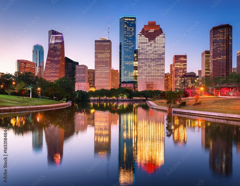 Fototapeta premium houston texas usa downtown skyline at dusk with beautiful city lights reflection on calm water