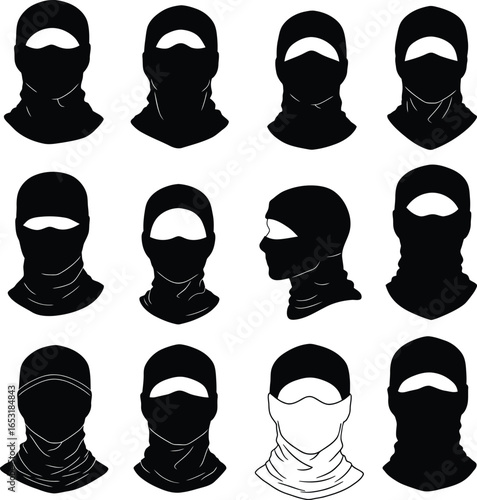 Various Black Balaclava Silhouettes, a Vector Set of Different Full Face Mask Styles for Winter Sports, Tactical Gear, and Cold Weather Protection Designs.