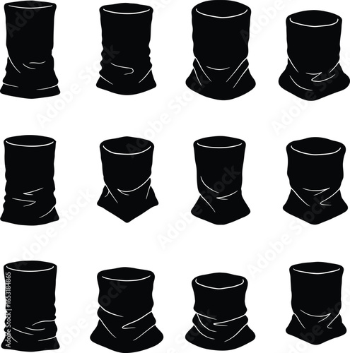 Vector Illustration Set of Black Neck Gaiters, a Comprehensive Collection of Styles and Silhouettes for Outdoor, Sport, and Cold Weather Apparel Designs and Mockups.