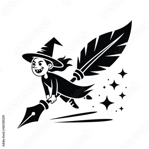 Cartoon witch flying on a quill pen silhouette isolated on white background