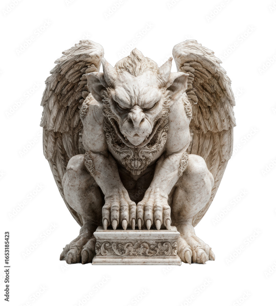Majestic winged gargoyle sculpture gallery stone carving front view, isolated on transparent background, png Majestic winged gargoyle sculpture gallery stone carving front view, isolated on transparent background, png