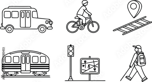 Set of vector illustrations depicting various modes of transportation including a bus, bicycle, train, traffic light, and pedestrian symbols, representing urban transit and travel.
