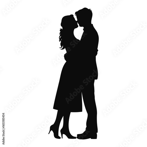 Romantic silhouette of couple standing close together in affectionate pose – elegant black-and-white illustration symbolizing love and intimacy