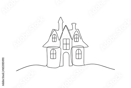 A minimalist continuous line drawing a spooky haunted house with arched windows Single line