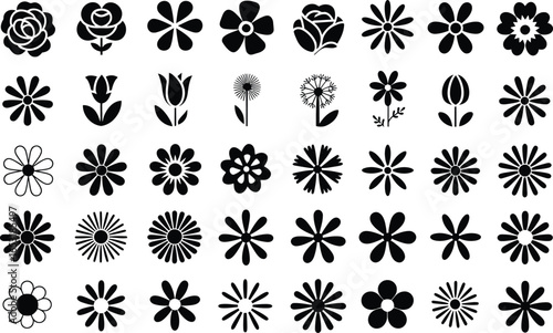 Collection of 40 black and white flower silhouettes and icons