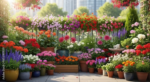 Wallpaper Mural Vibrant Balcony Garden with Cascading Flowers and Urban Backdrop in Soft Sunlight Torontodigital.ca