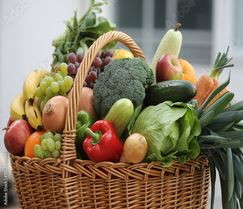 Abundant wicker basket overflowing with fresh fruits and vegetables