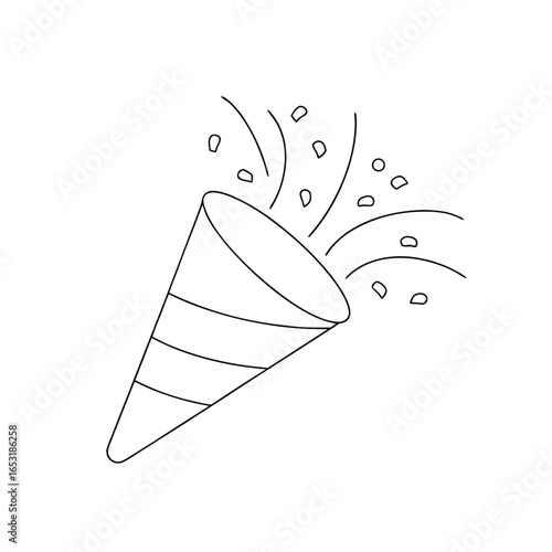 Minimalist single line drawing a party popper exploding with confetti celebration