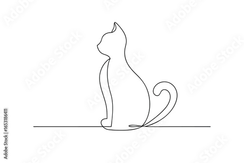 Minimalist single line drawing a sitting cat with curled tail animal