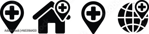 Collection of medical location pins including a house and globe icons