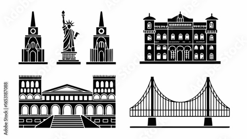 Illustration of various architectural landmarks including buildings bridge and statue of liberty designs in black silhouette