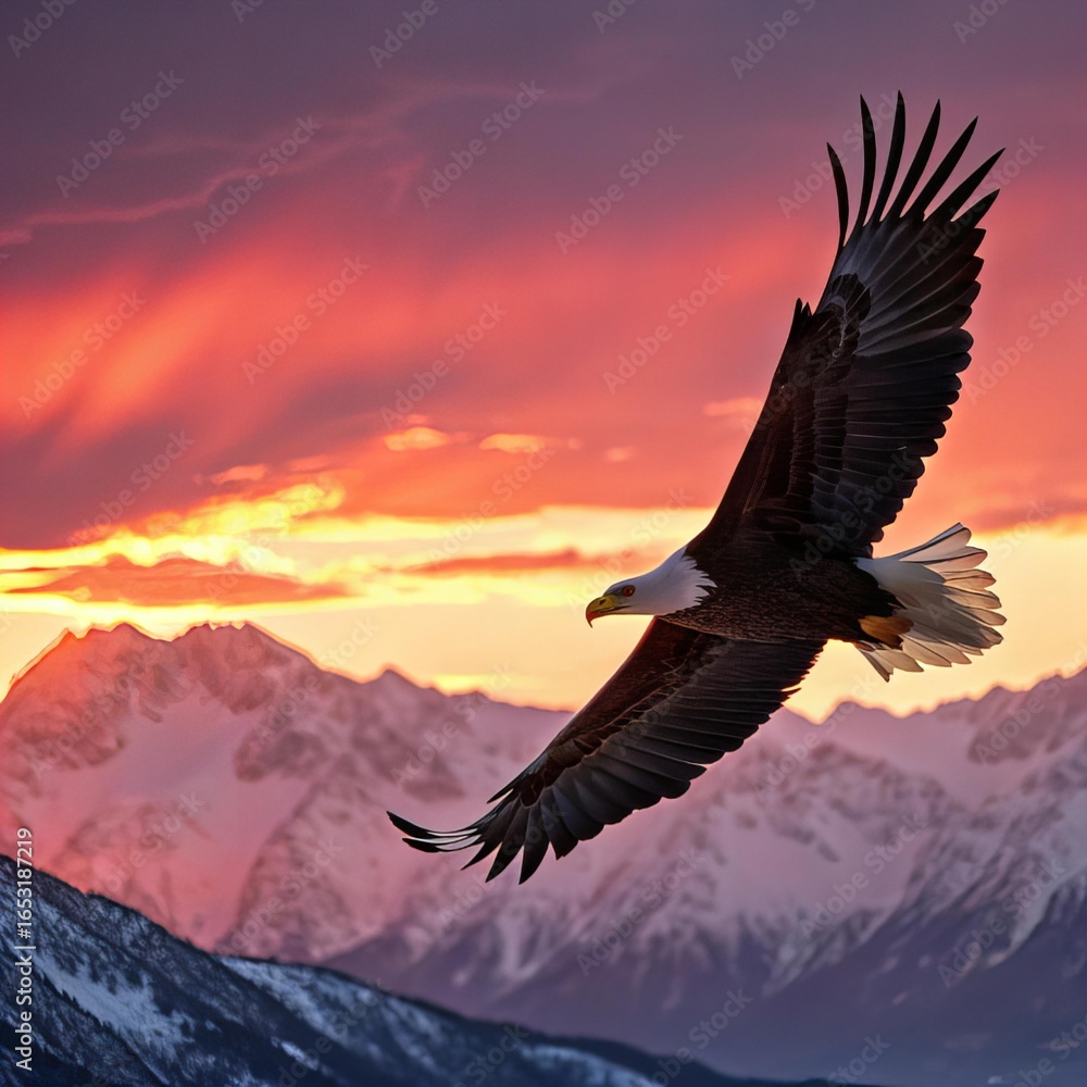 Fototapeta premium Bald Eagle Soaring Above Snowy Mountains at Golden Hour