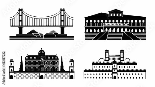 Illustration of four different architectural structures including a bridge and various building designs silhouette