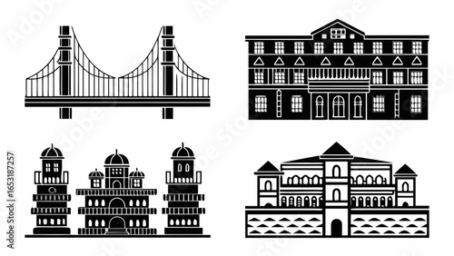 Illustration featuring a bridge, a building with triangles, and two ornate architectural structures of various types silhouette
