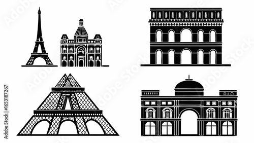 Illustration of famous landmarks including the eiffel tower and various architectural buildings in black and white silhouette