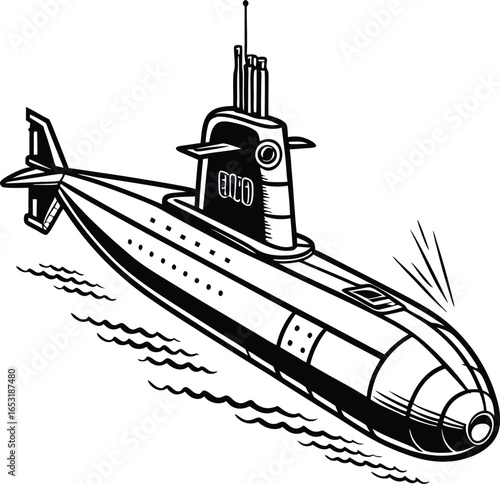 Powerful submarine navigates ocean waves with bold nautical design, evoking adventure and maritime might.