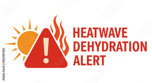 heatwave dehydration alert with a red warning sign next to a fiery sun cautioning against the dangers of excessive heat and the urgent need for hydration during summer.