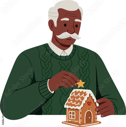 Elderly man decorating gingerbread house with star festive winter holiday activity 