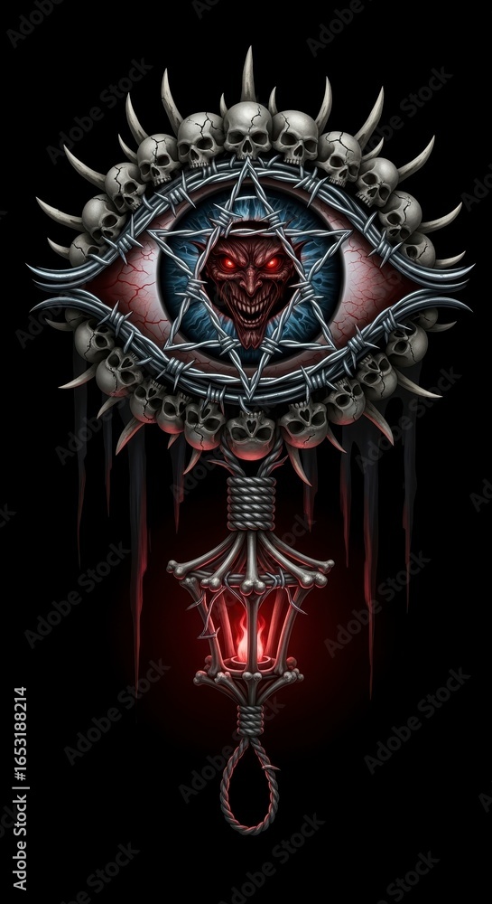 Fototapeta premium A dark, stylized illustration featuring an eye surrounded by skulls, symbols, and a lantern, evoking themes of mystery and the macabre.