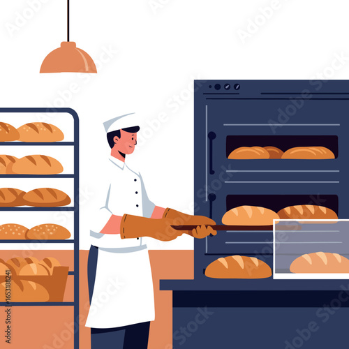 Baker baking fresh bread in bakery oven with bread shelves and warm lighting vector illustration 
