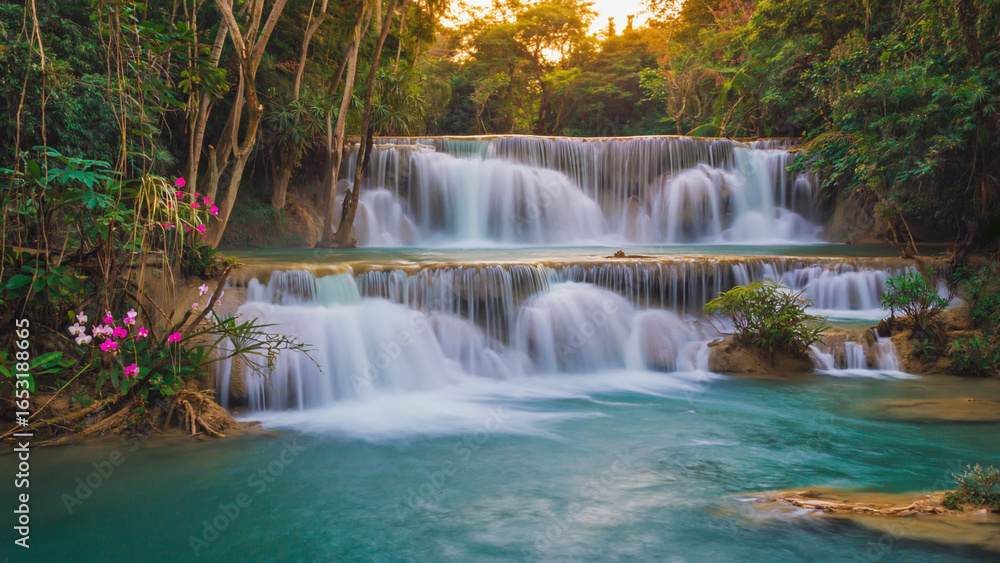 Obraz premium Cascading Waterfall in Lush Green Forest with Aqua Water