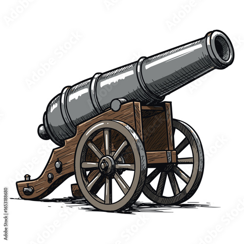 Antique cannon with wooden carriage and wheels on white background. Vector illustration