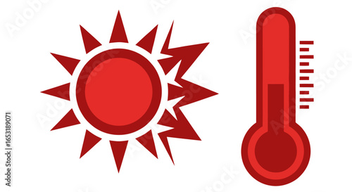 Heat wave illustration A thermometer showing high temperatures beside a radiant sun perfect to visualize global warming climate change or summer heat dangers in weather reports