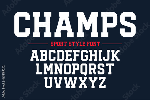 Champs college classic font. Vintage sports font in American style for T-shirt designs for football, baseball, and basketball teams. College, school and varsity style font, tackle twill. Vector