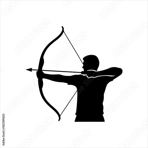 Silhouette of Archer Drawing Back a Bow with Arrow on White Background archery sport