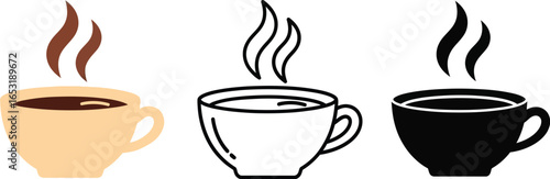 Three cups of coffee with steam in different representations