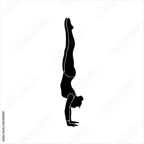 Silhouette of a woman performing a handstand on a white background yoga fitness